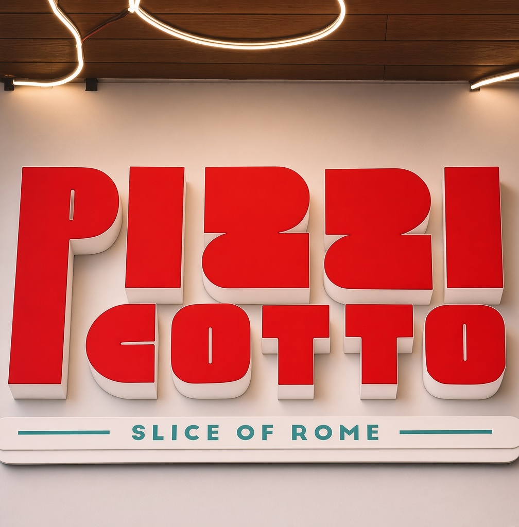 Pizzicotto logo sign on the restaurant wall